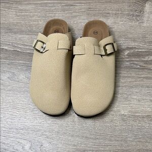 Beige Suede Buckle Clogs